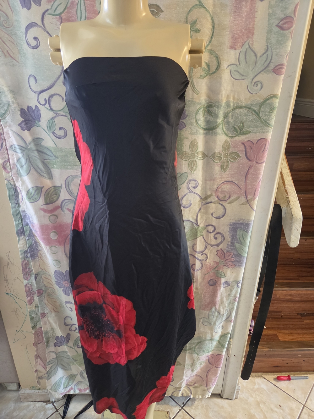 Strapless Black Dress with Red Floral Print
